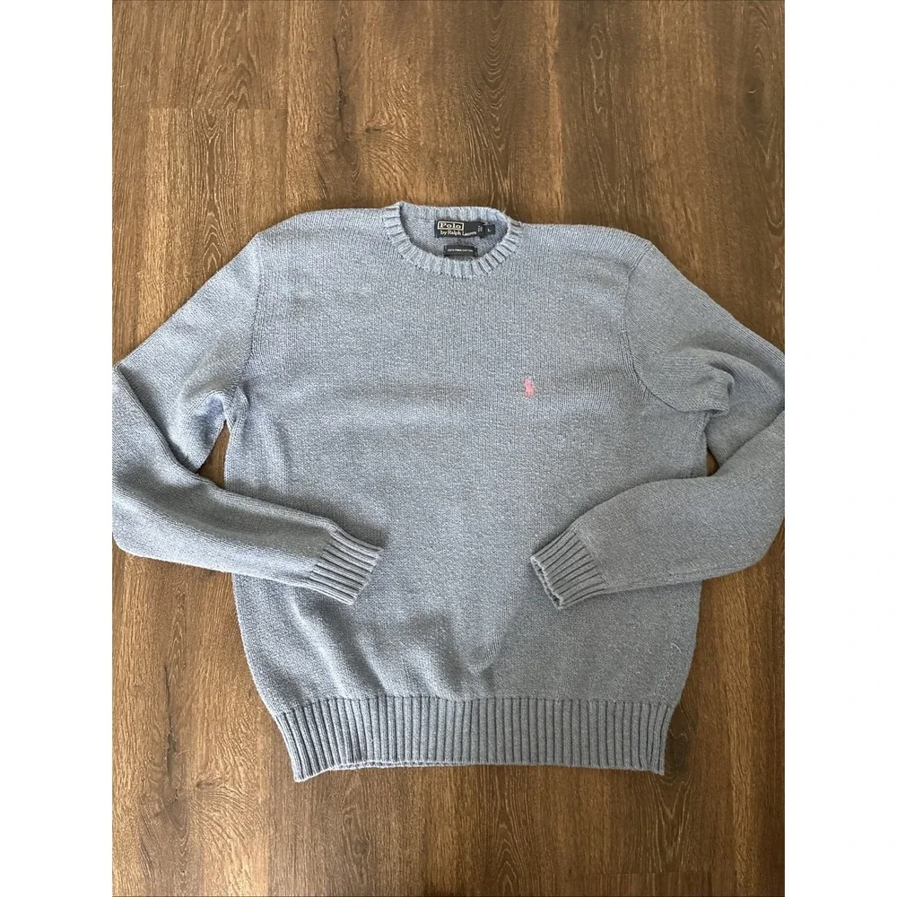 Vintage Polo Ralph Lauren Sweater Mens L Blue Chunky Knit Cotton Crew Pullover